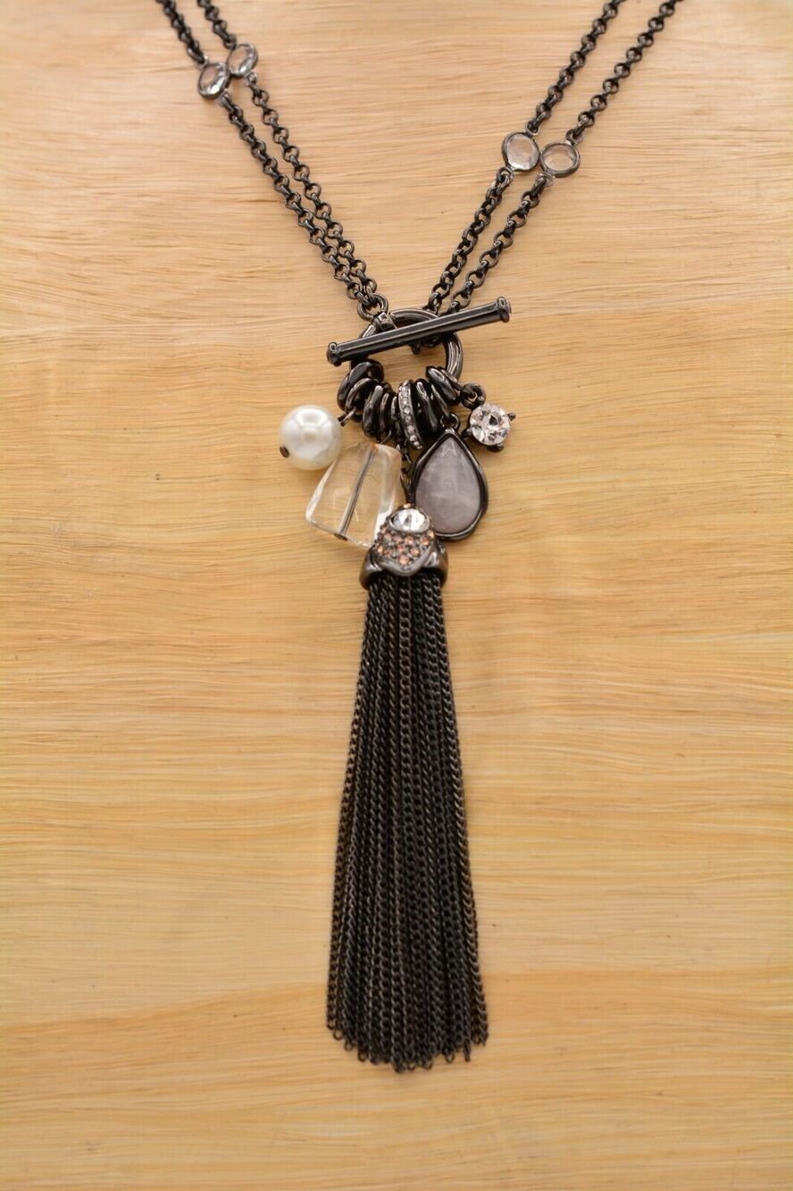 Vintage Statement Tassel Chain Necklace Toggle Gunmetal Fringe Cabochon 90s BinK